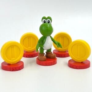 5pc Super Mario Chess Replacement Parts 1 KNIGHT Yoshi + 4 COIN 2009 Nintendo
